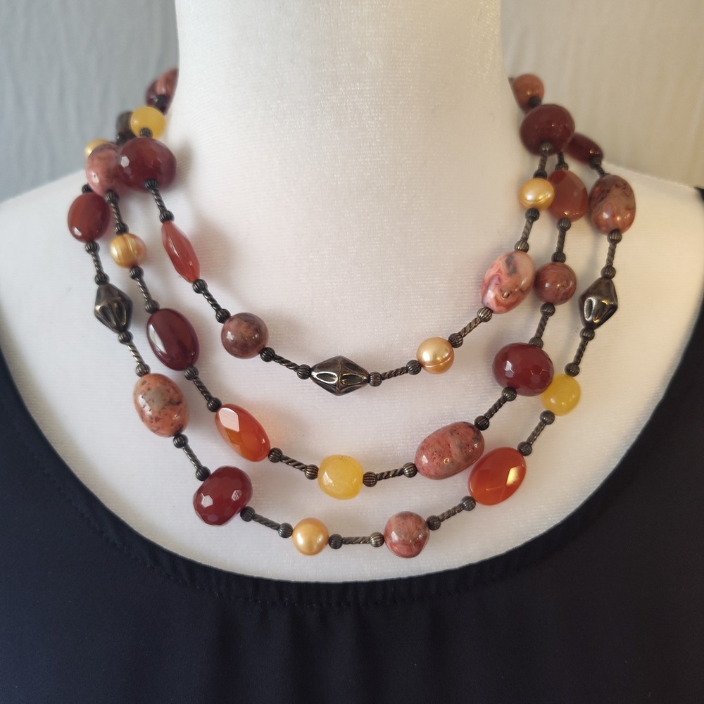 Multi Strand Earth Tone Beaded Necklace Bronze Tone Layered Stone Statement 22in